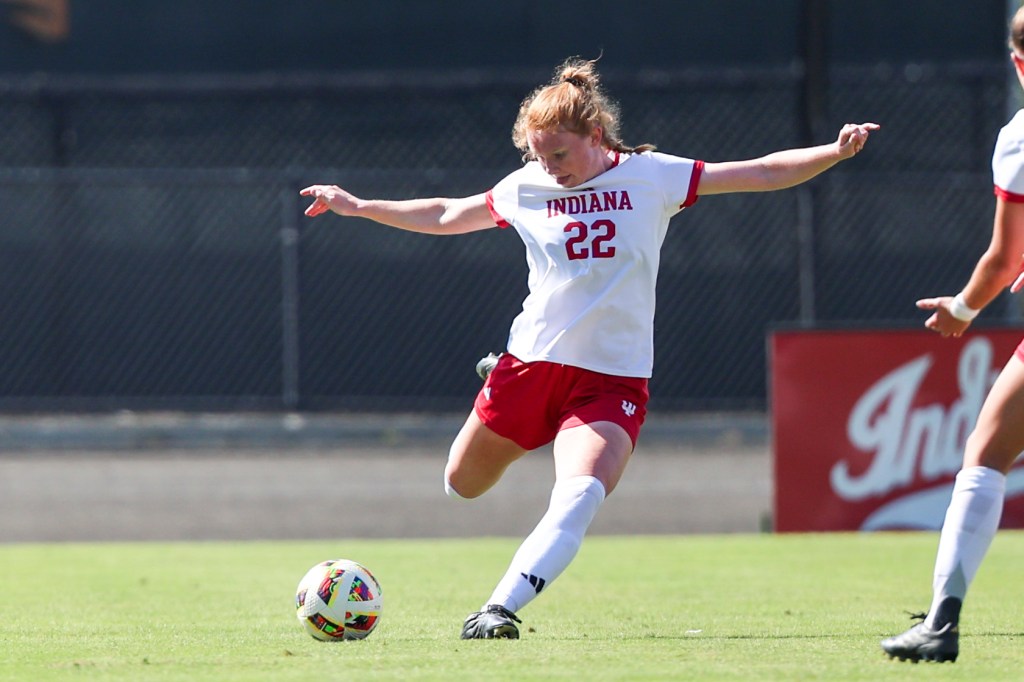 BLOOMINGTON, IN - October 13, 2024 - defender Piper Coffield #22 of the Indiana Hoosiers during the game between the Wisconsin Badgers and the Indiana Hoosiers at Bill Armstrong Stadium in Bloomington, IN. Photo By Levi Jones/Indiana Athletics