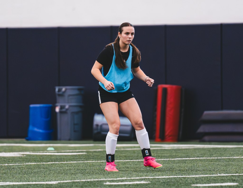 Newest Riveters player Robin Reilly, an alum of the Riverhounds Development Academy and Latrobe High School, takes part in a West Virginia University spring practice as an early enrollee. (Photo courtesy of WVU Athletics)