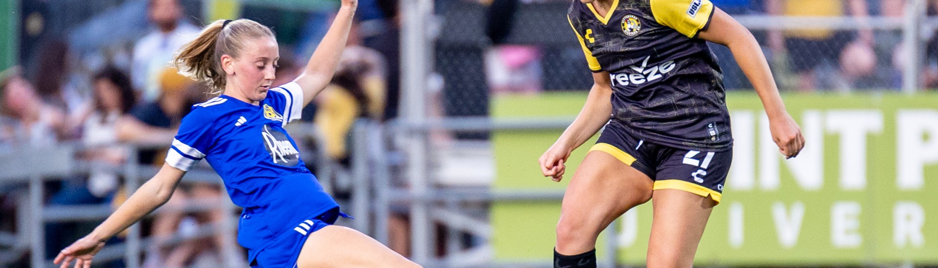 Pittsburgh Riveters defender Natalia DiSora wins the ball in the team's first-ever match against the Cleveland Force on May 16, 2025 at Highmark Stadium. (Photo: Chris Cowger/Riveters SC)