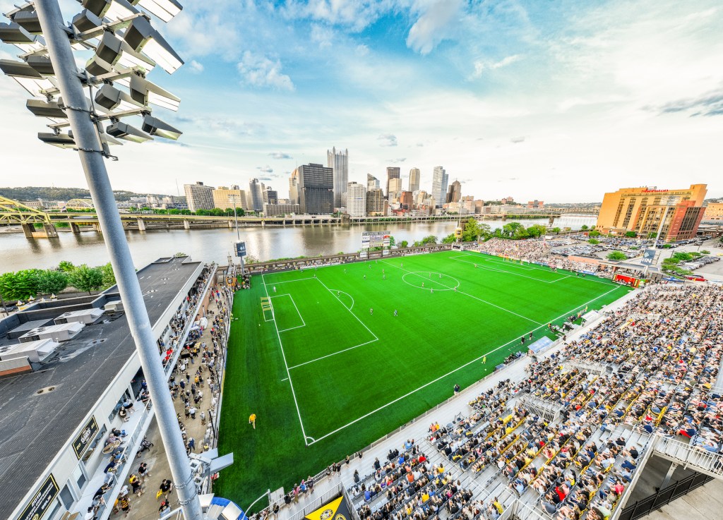 Aerial view of Highmark Stadium during the Pittsburgh Riveters' inaugural match against the Cleveland Force on May 16, 2025. (Photo: Ryan Shaffer/Riverhounds SC)