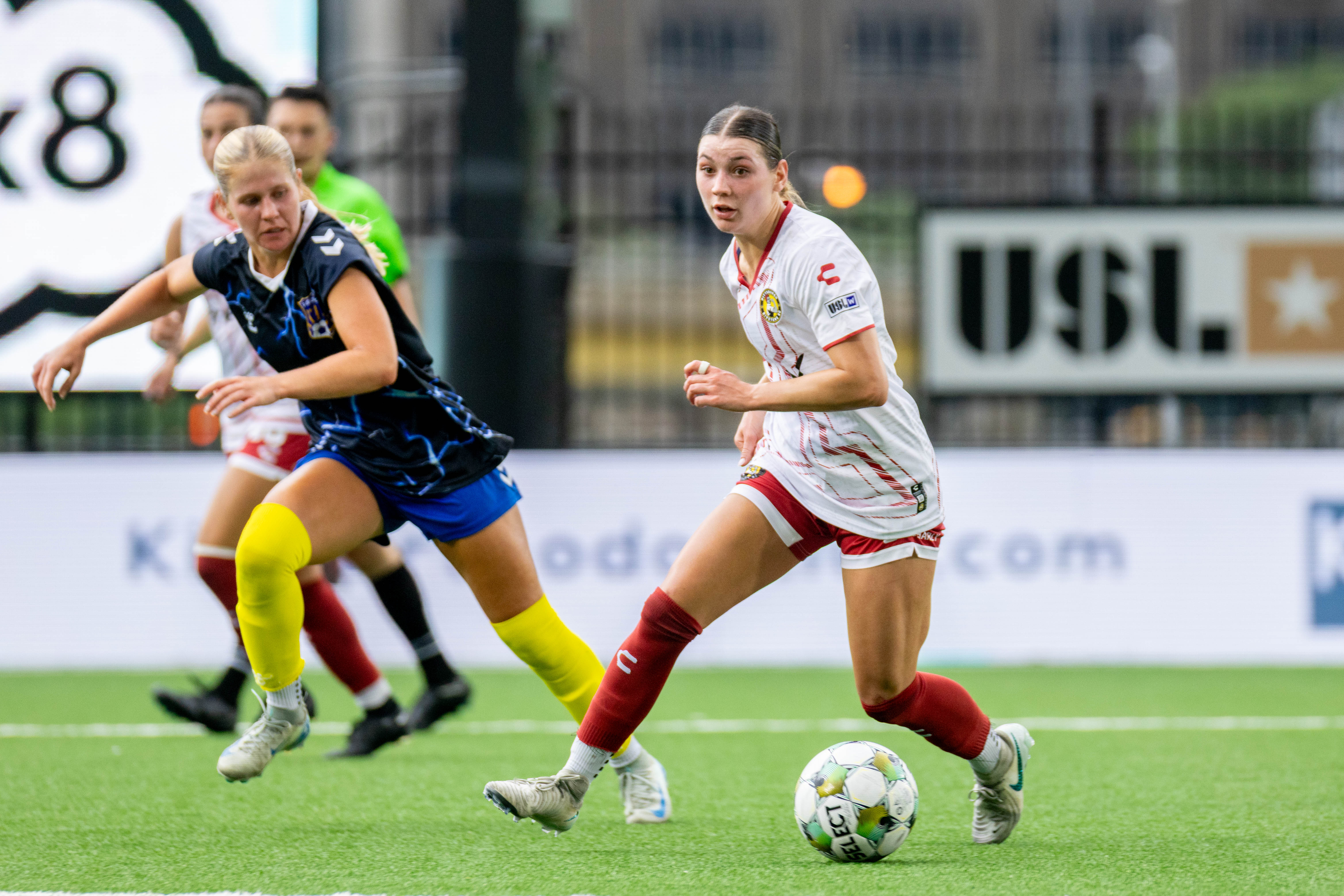 Abi Hugh turns upfield with the ball in the Pittsburgh Riveters' 3-0 win over FC Buffalo on June 8, 2025 at Highmark Stadium in Pittsbugh. (Photo: Chris Cowger/Riveters SC)