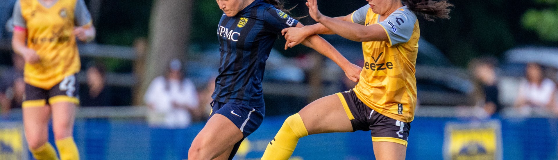 Pittsburgh Riveters defender Kelsey Salopek challenges for the ball in the team's 3-1 win over Steel City FC on June 11, 2025 at Founders Field in Indiana Township, Pa. (Photo: Chris Cowger/Riveters SC)