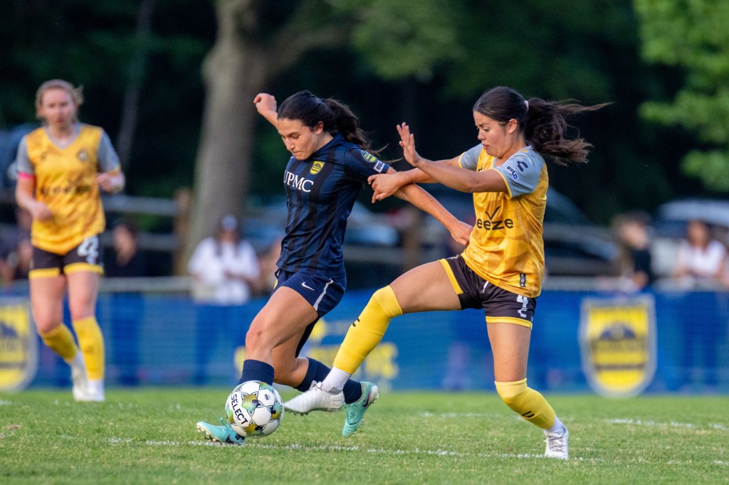 Pittsburgh Riveters defender Kelsey Salopek challenges for the ball in the team's 3-1 win over Steel City FC on June 11, 2025 at Founders Field in Indiana Township, Pa. (Photo: Chris Cowger/Riveters SC)