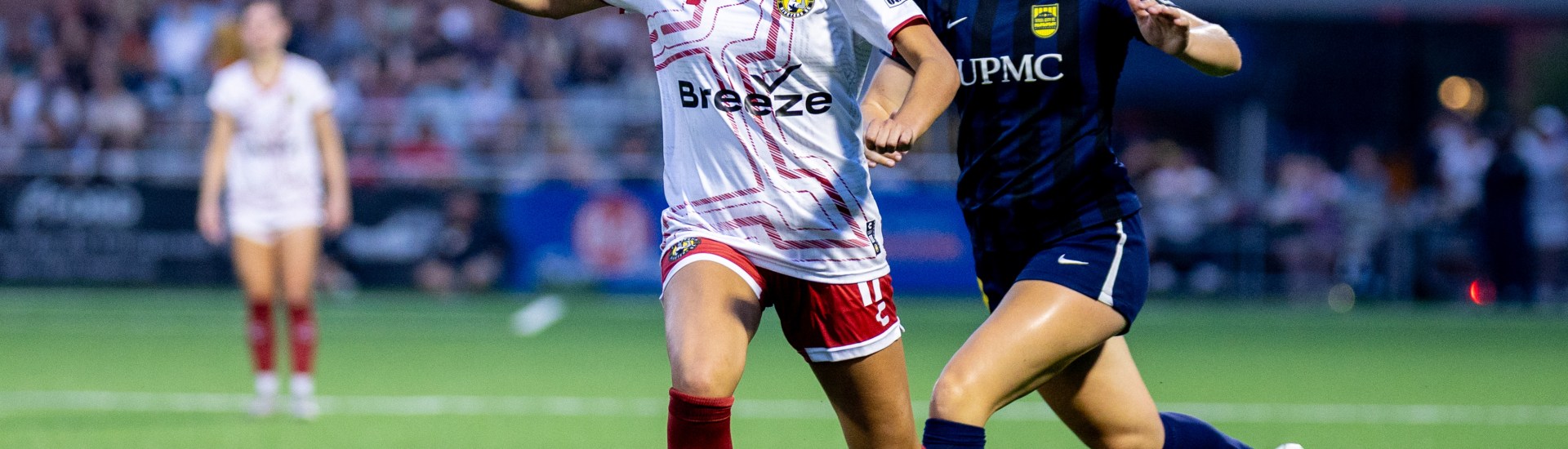 Gina Proviano tees up the game-winning goal for the Pittsburgh Riveters in their 2-1 win over Steel City FC on June 27, 2025 at Highmark Stadium. (Photo: Chris Cowger/Riveters SC)