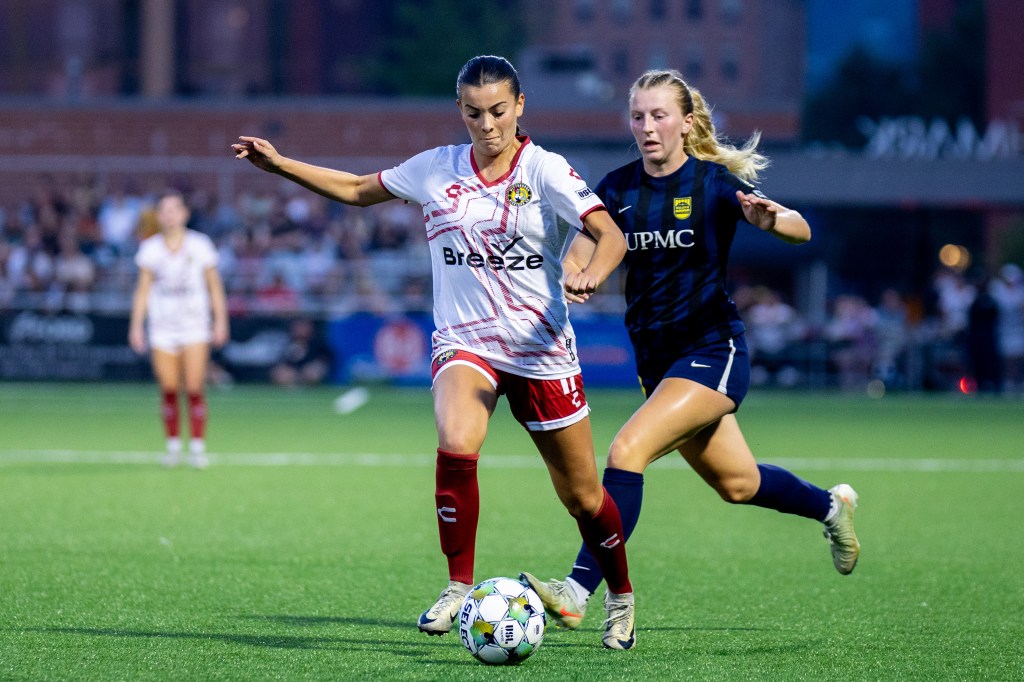 Gina Proviano tees up the game-winning goal for the Pittsburgh Riveters in their 2-1 win over Steel City FC on June 27, 2025 at Highmark Stadium. (Photo: Chris Cowger/Riveters SC)