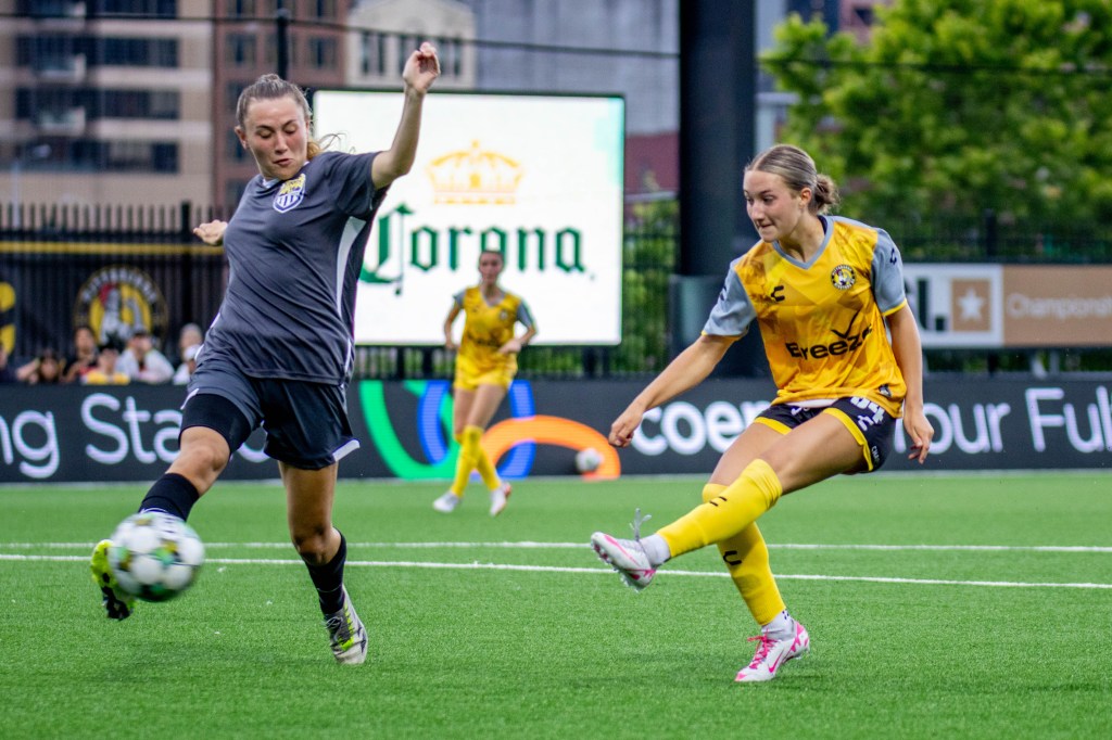 Pittsburgh Riveters forward Anna Korney fires a shot in the team's win over Erie Sports Center on June 15, 2025 at Highmark Stadium in Pittsburgh. (Photo: Chris Cowger/Riveters SC)