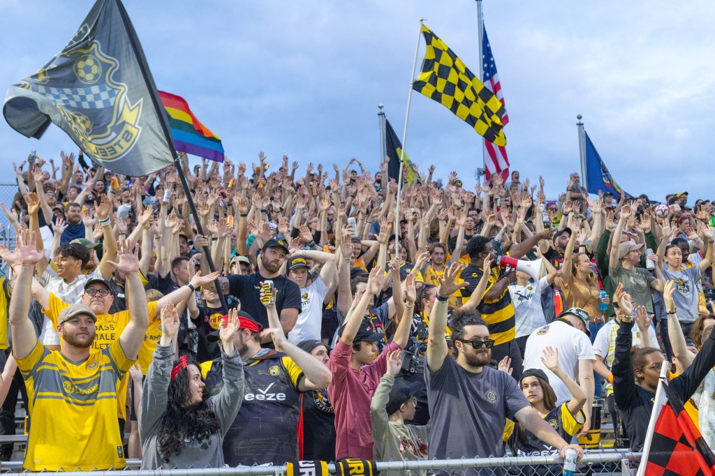 Fans cheer from the Paul Child Stand at the first-ever Pittsburgh Riveters match on May 16, 2025 at Highmark Stadium in Pittsburgh. (Photo: John Sykes/Riveters SC)