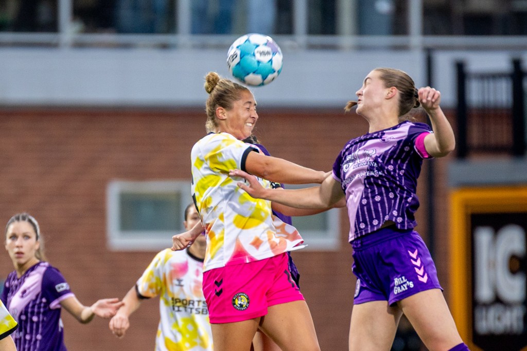 Shannon Studer wins a header in the Pittsburgh Riveters' match against Flower City 1872 on May 23, 2026 at F.N.B. Stadium in Pittsburgh. (Photo: Chris Cowger/Riveters SC)