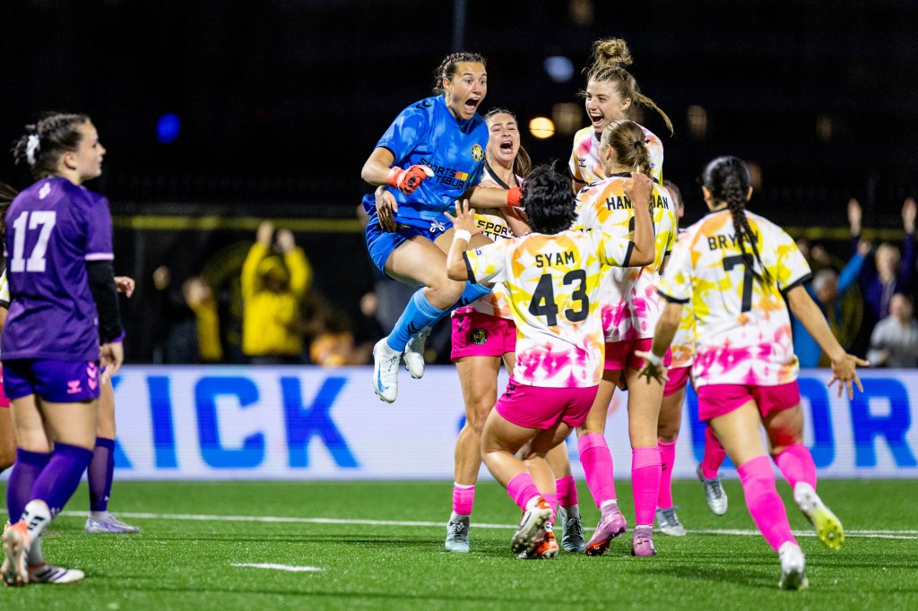 Pittsburgh Riveters goalkeeper Bailey Herfurth leaps in celebration after scoring the game-tying goal against Flower City 1872 on May 23, 2026 at F.N.B. Stadium in Pittsburgh. (Photo: Chris Cowger/Riveters SC)