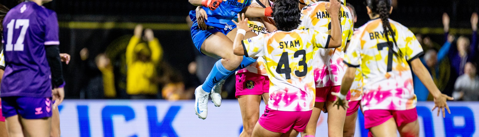 Pittsburgh Riveters goalkeeper Bailey Herfurth leaps in celebration after scoring the game-tying goal against Flower City 1872 on May 23, 2026 at F.N.B. Stadium in Pittsburgh. (Photo: Chris Cowger/Riveters SC)