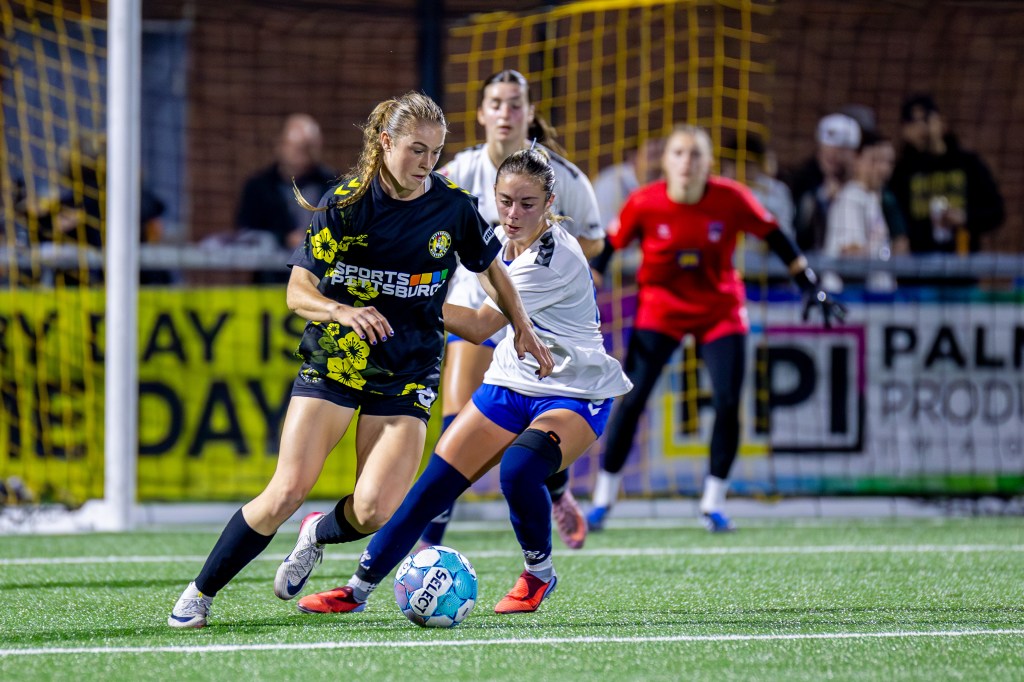 Pittsburgh Riveters forward Emily Hanrahan turns in the box during the team's 5-0 win over FC Buffalo on May 16, 2026 at F.N.B. Stadium in Pittsburgh. (Photo: Chris Cowger/Riveters SC)