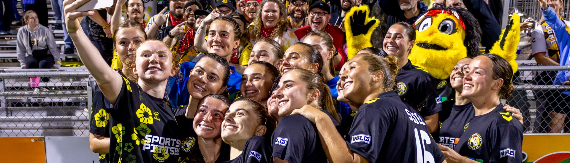 The Pittsburgh Riveters take a team selfie in front of fans at F.N.B. Stadium after their season opener against FC Buffalo on May 16, 2026. (Photo: Chris Cowger/Riveters SC)