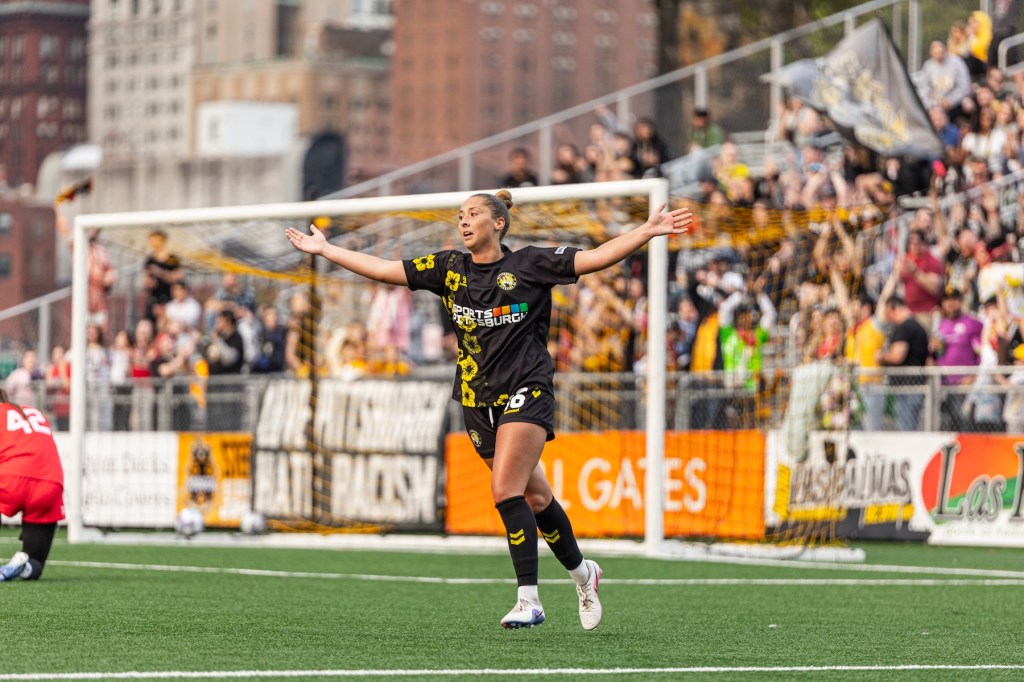 Shannon Studer celebrates after scoring in the Pittsburgh Riveters' 5-0 win over FC Buffalo on May 16, 2026 at F.N.B. Stadium in Pittsburgh. (Photo: John Sykes/Riveters SC)