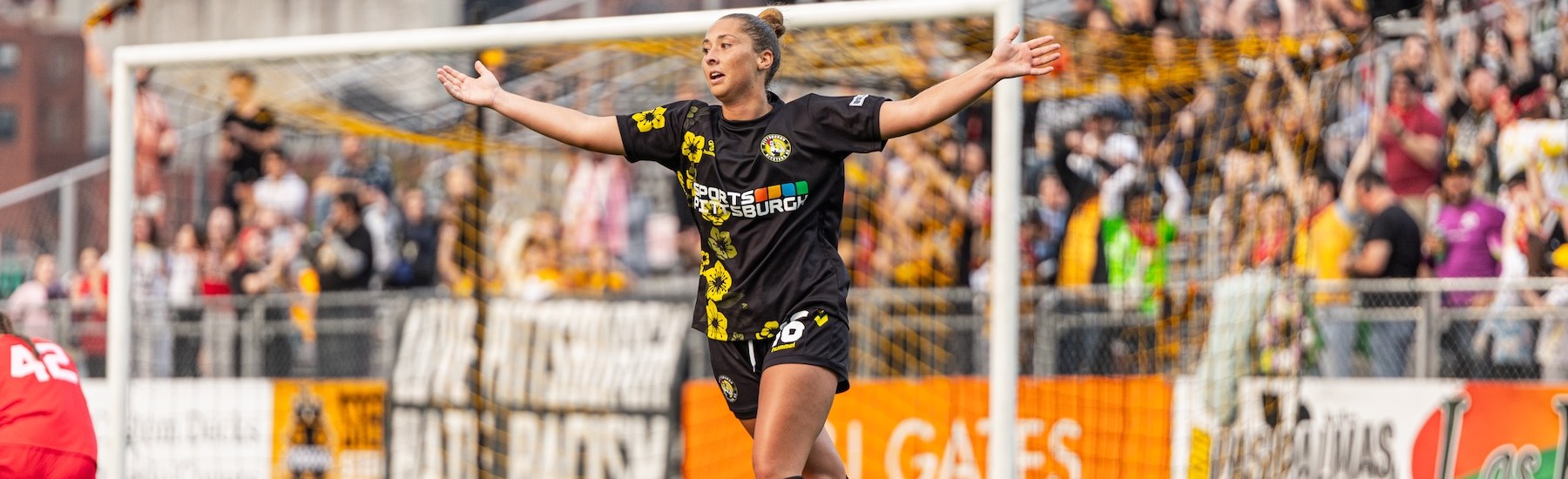 Shannon Studer celebrates after scoring in the Pittsburgh Riveters' 5-0 win over FC Buffalo on May 16, 2026 at F.N.B. Stadium in Pittsburgh. (Photo: John Sykes/Riveters SC)