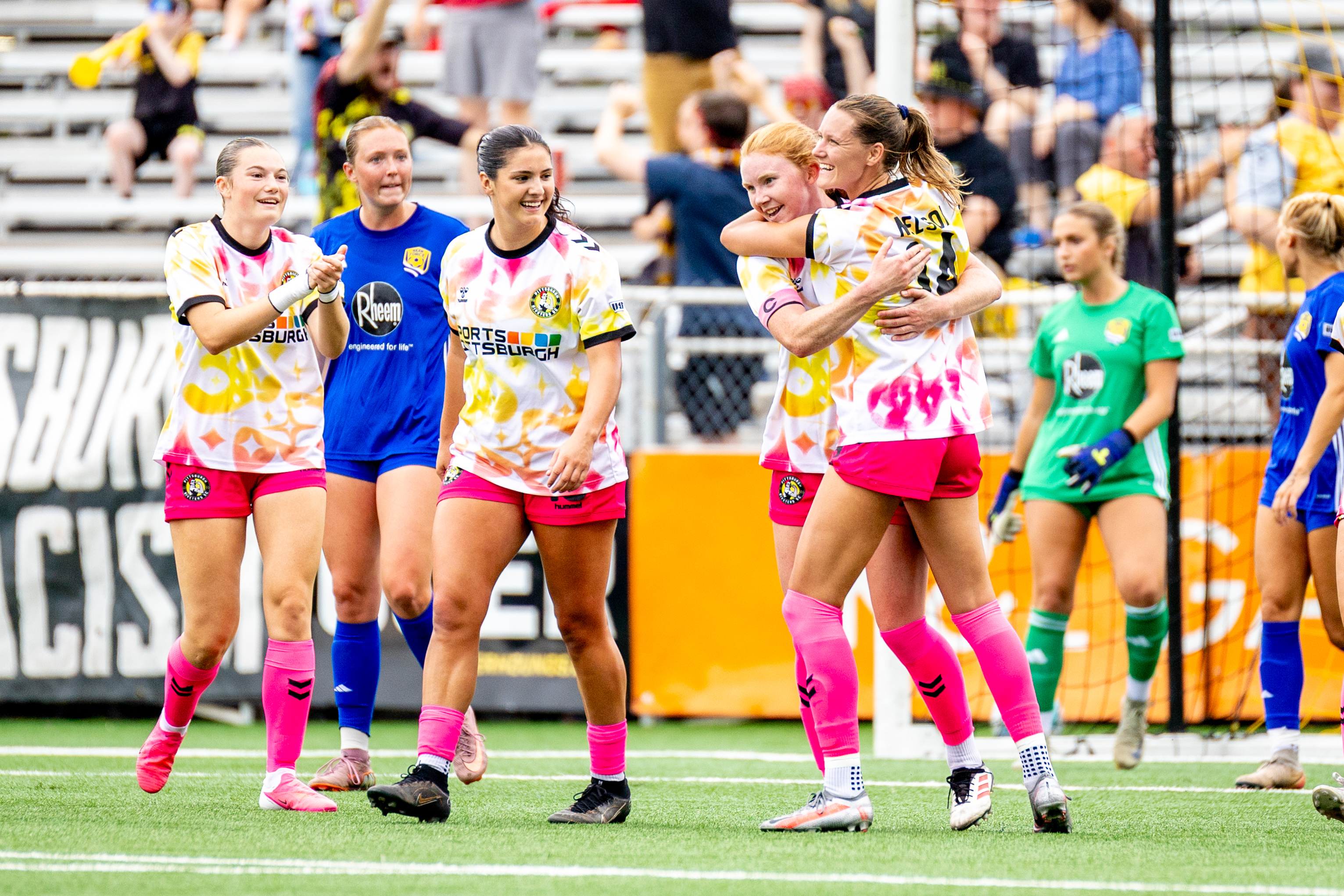 Piper Coffield receives a hug from Tanum Nelson after scoring the second goal in the Pittsburgh Riveters' 3-1 win over Cleveland Force SC on June 21, 2026 at F.N.B. Stadium in Pittsburgh. (Photo: Chris Cowger/Riveters SC)