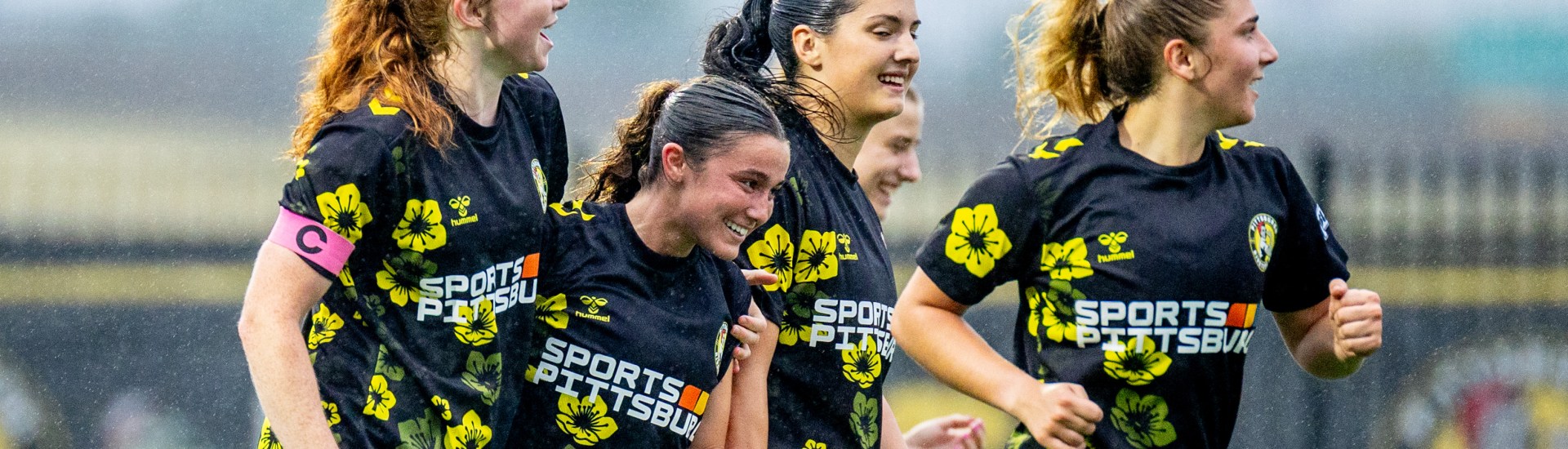 Pittsburgh Riveters players celebrate after Bella Vozar (second from left) scored in the team's 5-0 win over Steel City FC on June 27, 2026 at F.N.B. Stadium in Pittsburgh. (Photo: Chris Cowger/Riveters SC)
