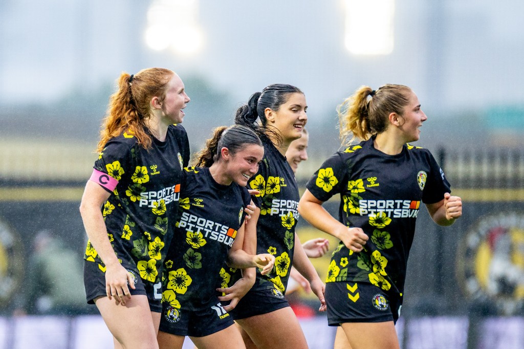 Pittsburgh Riveters players celebrate after Bella Vozar (second from left) scored in the team's 5-0 win over Steel City FC on June 27, 2026 at F.N.B. Stadium in Pittsburgh. (Photo: Chris Cowger/Riveters SC)