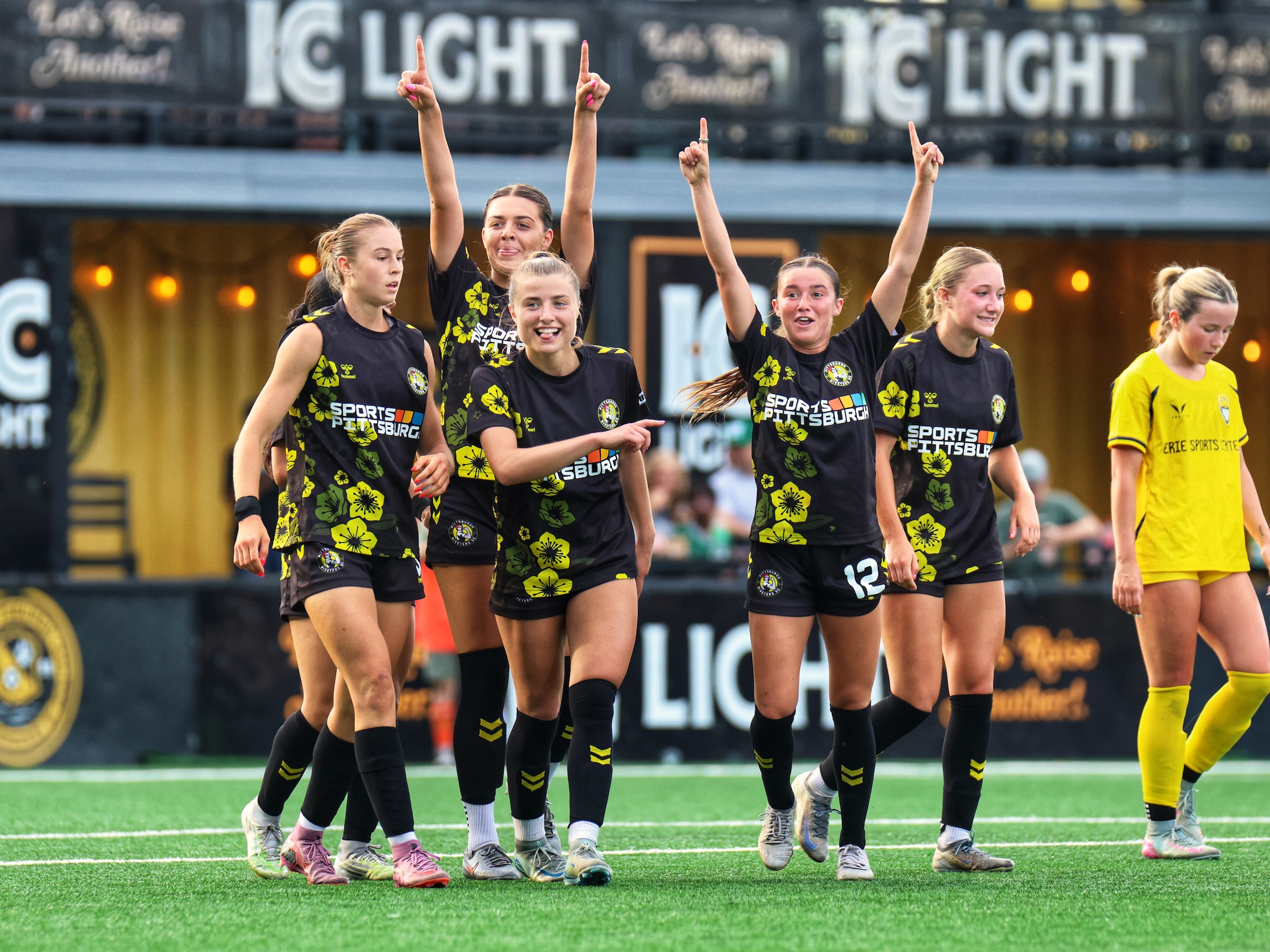 Pittsburgh Riveters players celebrate after the team's second goal in a 3-0 win over Erie Sports Center on June 12, 2026 at F.N.B. Stadium in Pittsburgh. (Photo: Chris Cowger/Riveters SC)