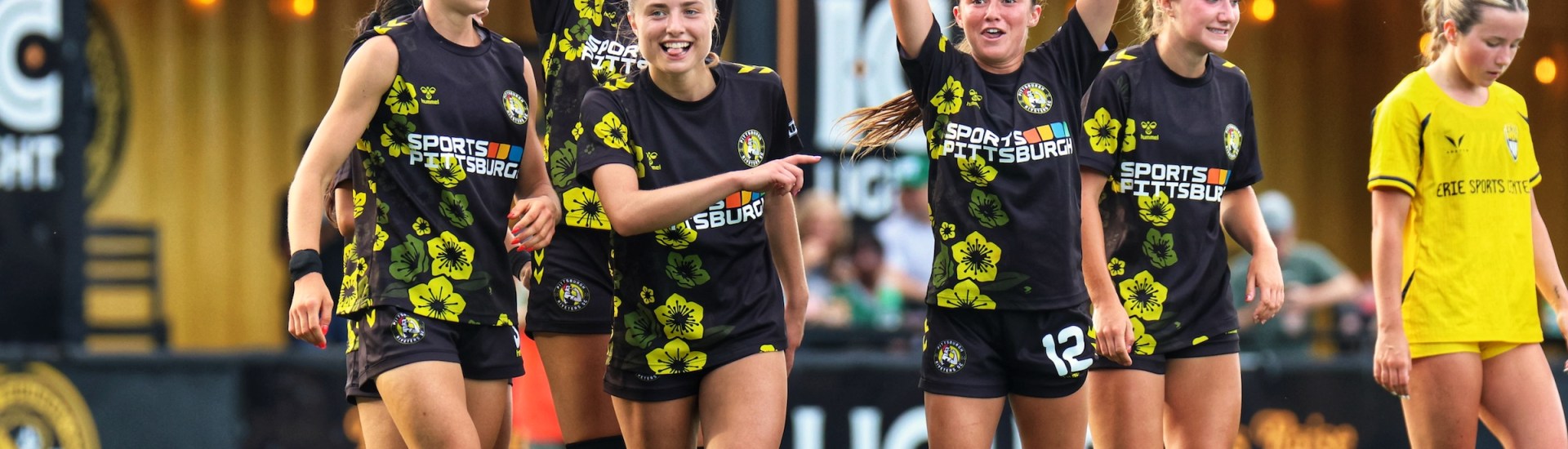 Pittsburgh Riveters players celebrate after the team's second goal in a 3-0 win over Erie Sports Center on June 12, 2026 at F.N.B. Stadium in Pittsburgh. (Photo: Chris Cowger/Riveters SC)