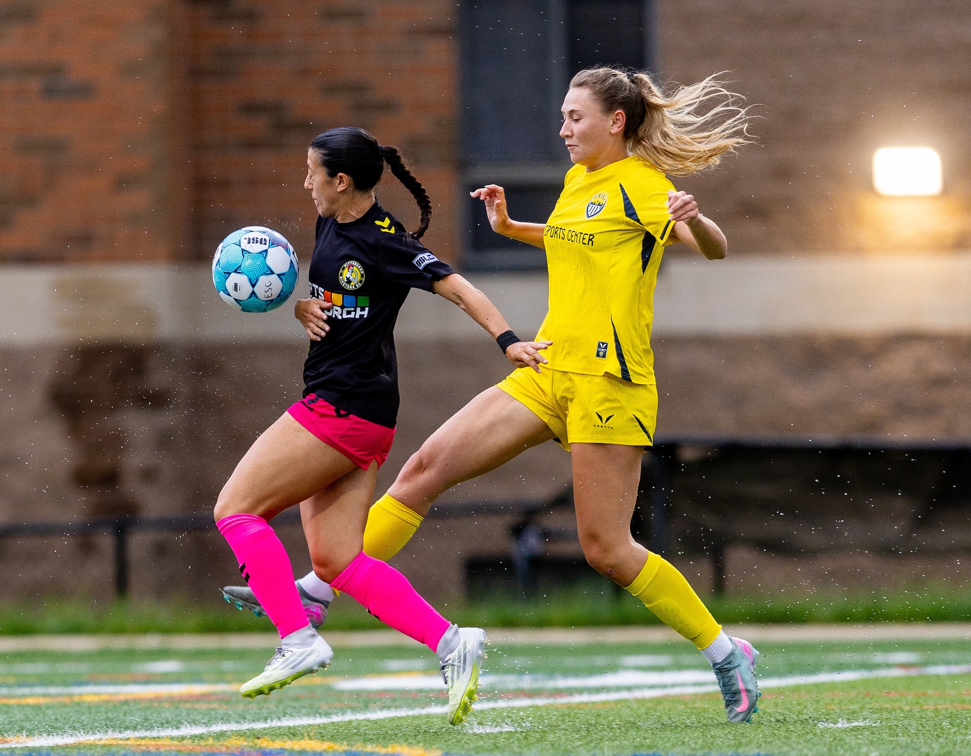 Sabrina Bryan controls the ball in front of Erie Sports Center's Audrey Eckwahl in the Pittsburgh Riveters' 1-0 win June 14, 2026 at Saxon Stadium in Erie, Pa. (Photo: Mallory Neil/Riveters SC)