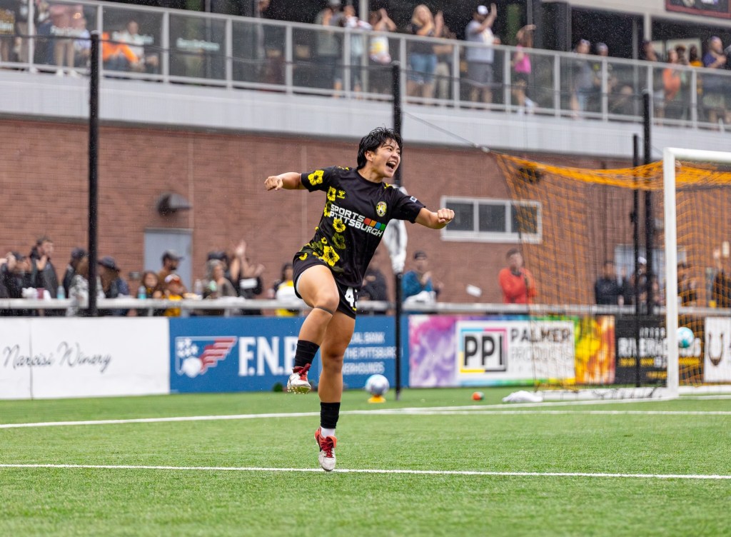 Minah Syam celebrates after scoring in the Riveters' 5-0 win over Steel City FC on June 27, 2026 at F.N.B. Stadium in Pittsburgh. (Photo: John Sykes/Riveters SC)