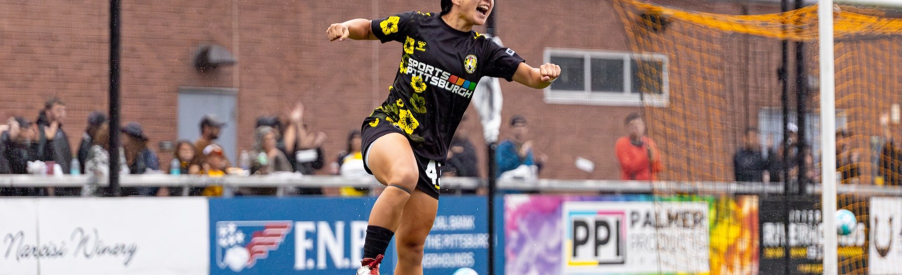 Minah Syam celebrates after scoring in the Riveters' 5-0 win over Steel City FC on June 27, 2026 at F.N.B. Stadium in Pittsburgh. (Photo: John Sykes/Riveters SC)