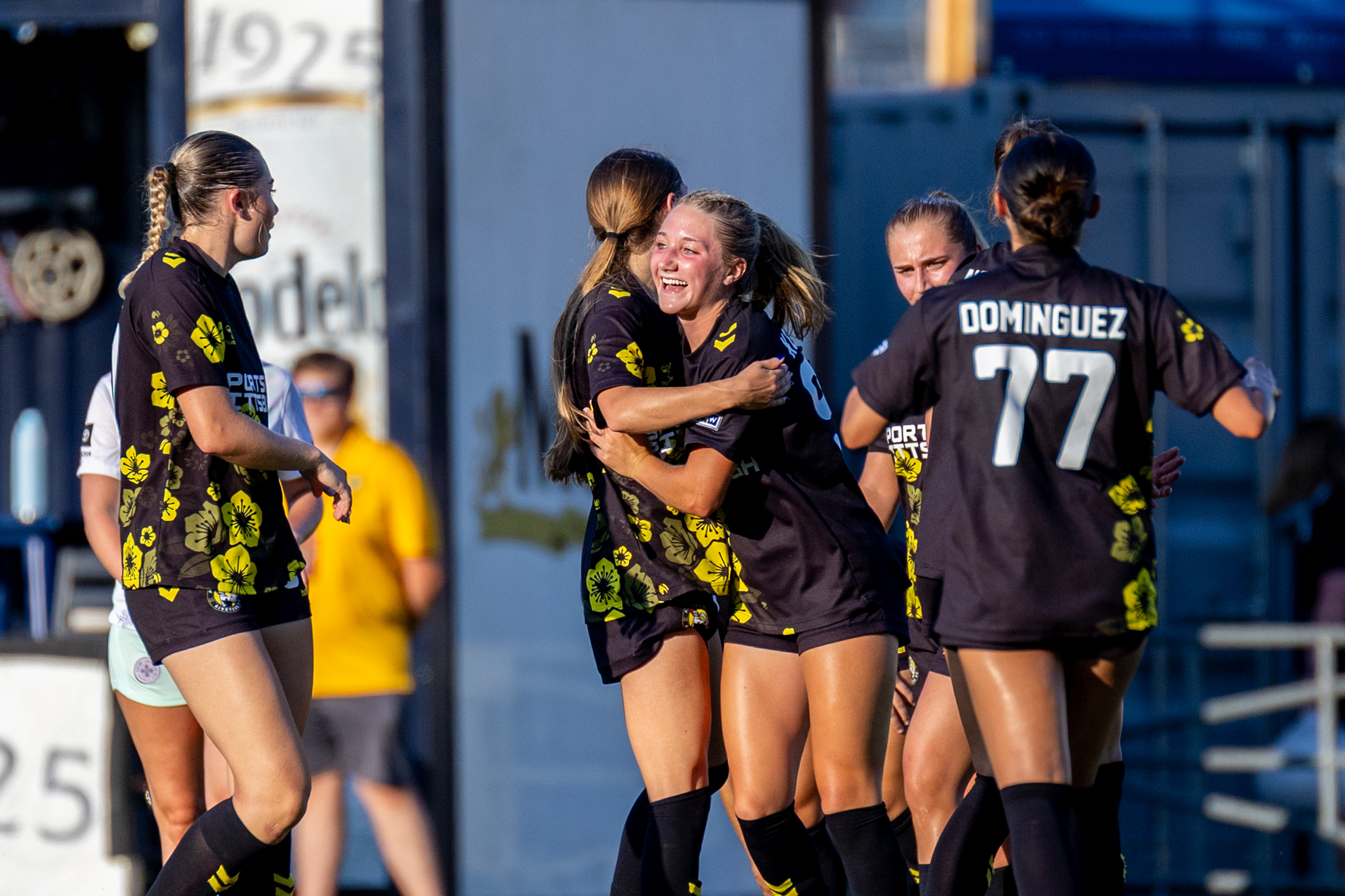 Anna Korney (center) celebrates with her teammates after scoring the opening goal in the Pittsburgh Riveters' 5-0 playoff win over Racing Louisville FC on July 3, 2026 at F.N.B. Stadium. (Photo: Chris Cowger/Riveters SC)