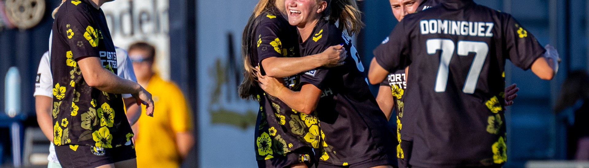 Anna Korney (center) celebrates with her teammates after scoring the opening goal in the Pittsburgh Riveters' 5-0 playoff win over Racing Louisville FC on July 3, 2026 at F.N.B. Stadium. (Photo: Chris Cowger/Riveters SC)
